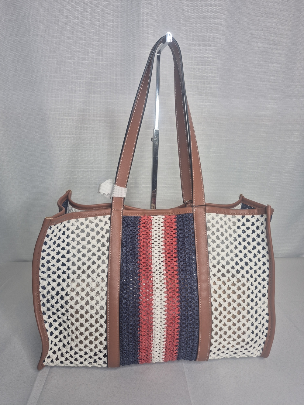 Aldo Woven Straw Tote with Red-White-Blue Stripes and Brown Trim NWT - Picture 4 of 11